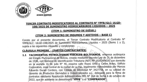 YPFB firma tercer contrato modificatorio para suministro de diésel con empresa internacional