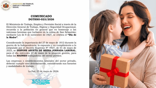 Ministerio de Trabajo confirma asueto de media jornada por el Día de la Madre