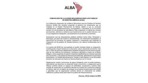 ALBA suspende a Bolivia por “conducta proimperialista” tras declaraciones de Rodrigo Paz