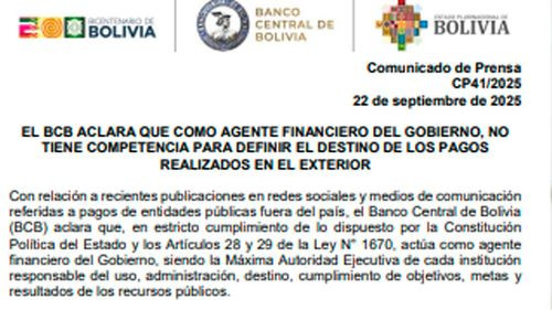 BCB aclara que no decide el destino de pagos al exterior de entidades públicas