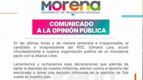 Morena rechaza acusaciones de un supuesto pacto político con Alianza Libre