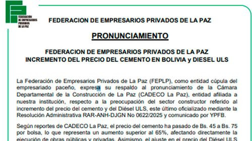 Empresarios paceños expresan preocupación por el incremento del precio del cemento y del diésel ULS