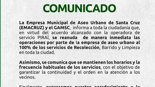 EMACRUZ y Alcaldía de Santa Cruz normalizan el servicio de aseo urbano al 100%