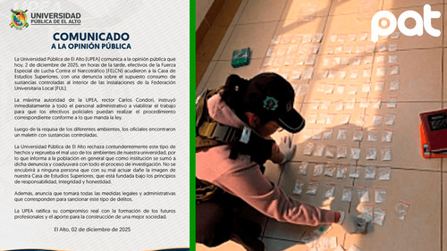 FELCN halla sustancias controladas en ambientes de la FUL de la UPEA