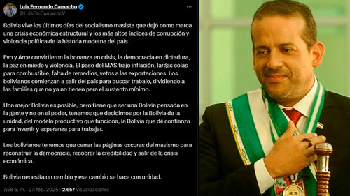 Camacho denuncia crisis económica estructural dejada por el MAS